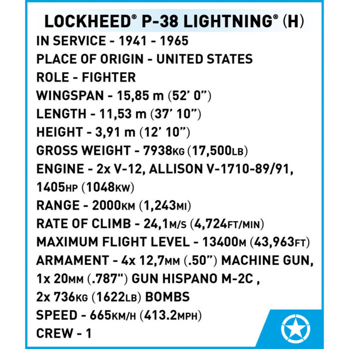 Cobi 5726 Lockheed P-38H Lightning fiche technique